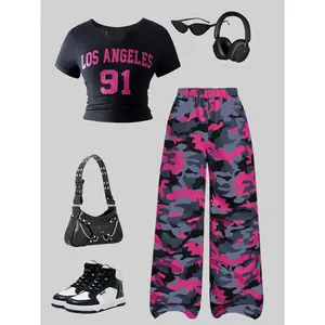 Ready Stock Summer Outfit For 8-12Y Big Girls Letter Number Print Crop Top & Camo Straight-leg Pants Set 2Pcs Clothing L3077