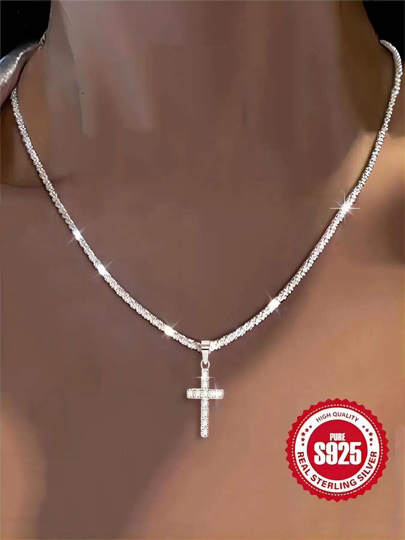 925 Sterling Silver Rhinestone Decor Cross Pendant Statement Religious Cross Design Necklace for Women & Men, Fashion Pendants, Fashion Jewelry for Party, Daily Decor, Trendy All-match & Exquisite Jewelry for Birthday Gift