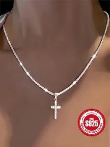 925 Sterling Silver Rhinestone Decor Cross Pendant Necklace for Women & Men, Fashion Jewelry for Party, Daily Decor, Trendy All-match & Exquisite Jewelry for Birthday Gift