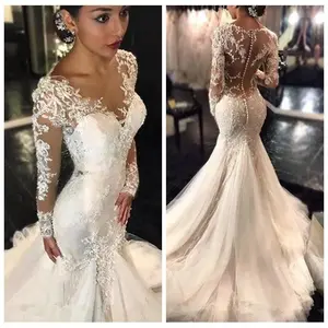 Lace Mermaid Wedding White Dresses Dubai African Arabic See Through