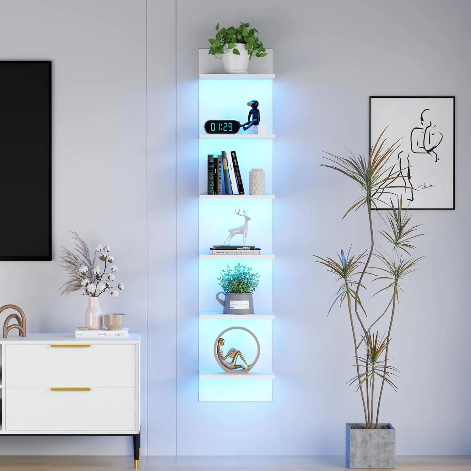 6-Tier Wall Shelf with RGB LED Lights, 57" Tall Floating Storage Organizer for Bedroom Living Room  Room - White Wall Mounted Shelves with 22 Lighting Modes