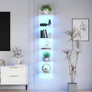 6-Tier Wall Shelf with RGB LED Lights, 57" Tall Floating Storage Organizer for Bedroom Living Room  Room - White Wall Mounted Shelves with 22 Lighting Modes