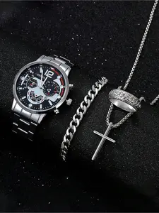 4pcs/Set Men's Silver Stainless Steel Band Quartz Watch + Necklace Suit, Suitable For Daily Wear And Holiday Gifts