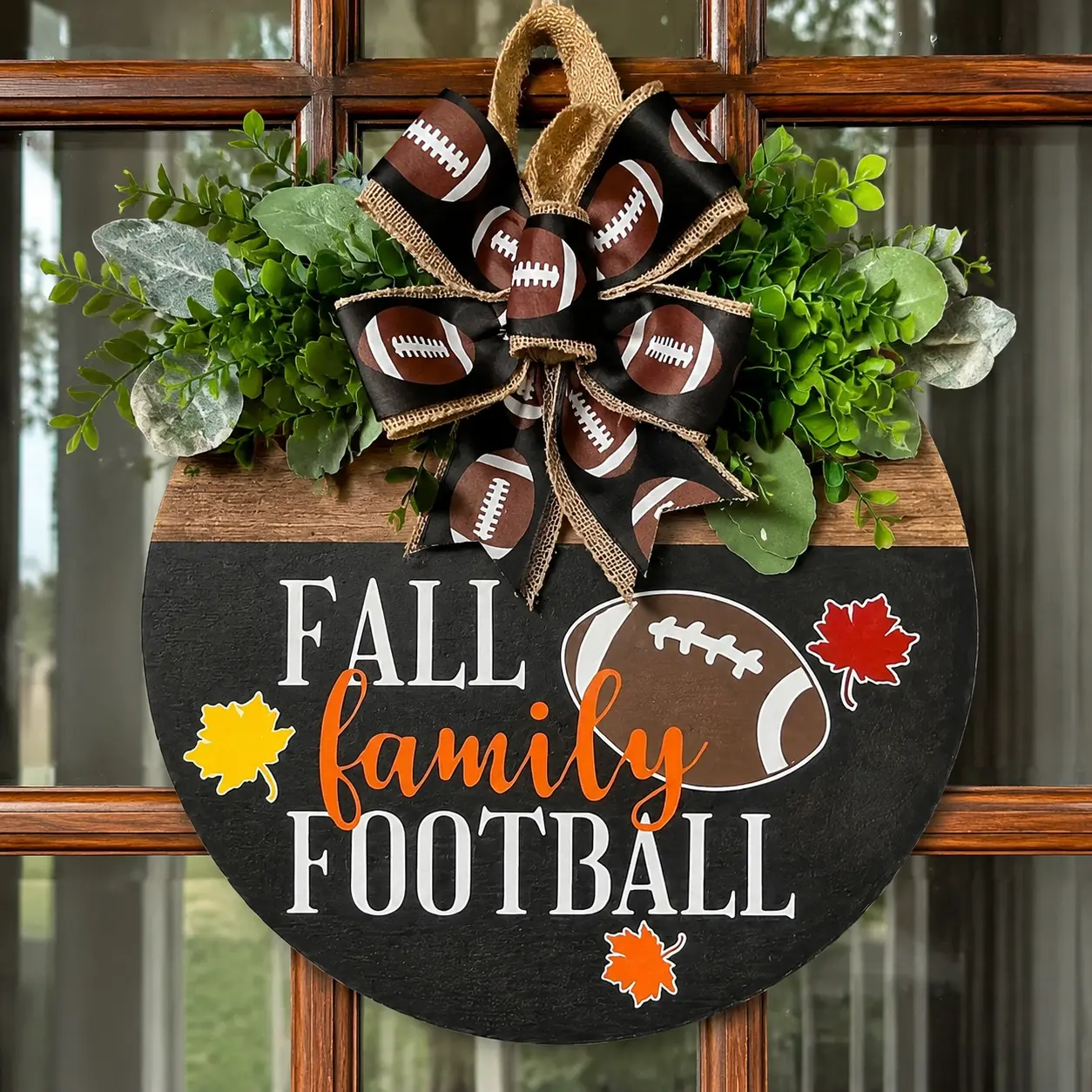 Fall Family Football Door Hanger, Rustic Wooden Welcome Sign with Football Bow, Farmhouse Front Door Porch Decor, Autumn Football Season Decoration