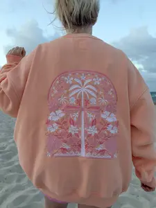 Sherbet Orange Tropical Palms Embroidered Oversized Sweatshirt