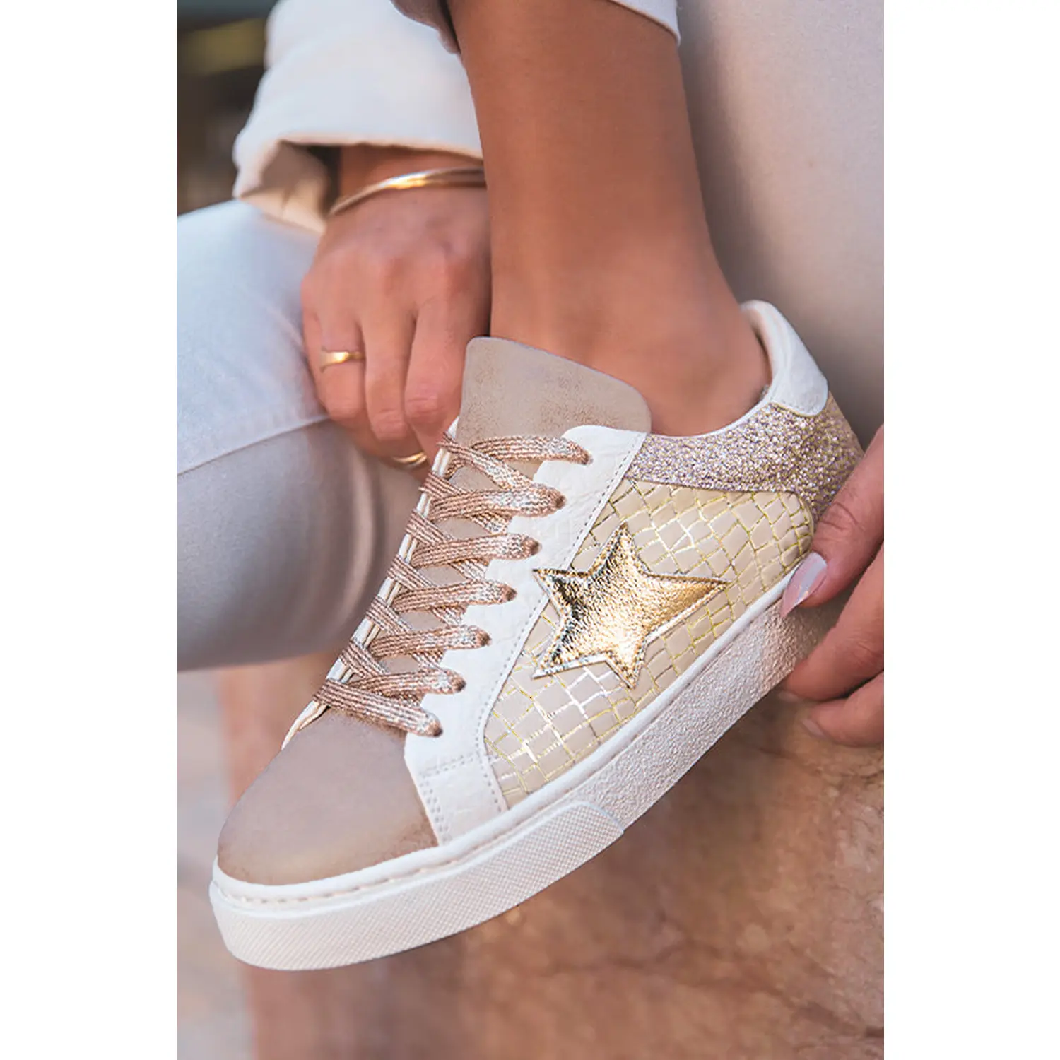 Women's Casual Gold Glitter Star  Leather Lace-Up Trainers, Footwear Shoe
