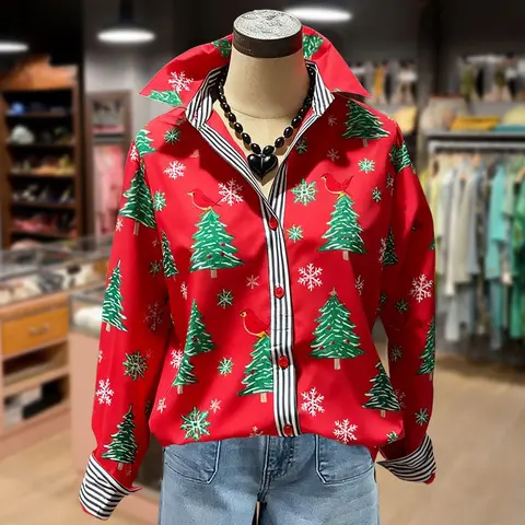Cherrybetty Christmas Tree Print Striped Collar Blouse Clothes Women Cute Fall Outfits Going Outfits Excellent Gifts for Christmas and New Year Christmas Party Gifts