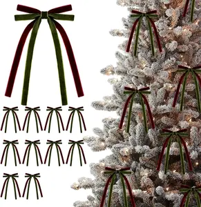10PCS Burgundy Velvet Christmas Bows  – Decorative Twist Tie Bows for Tree, Wreath, and Garland Holiday Decorations (Wine Red & Olive Green)