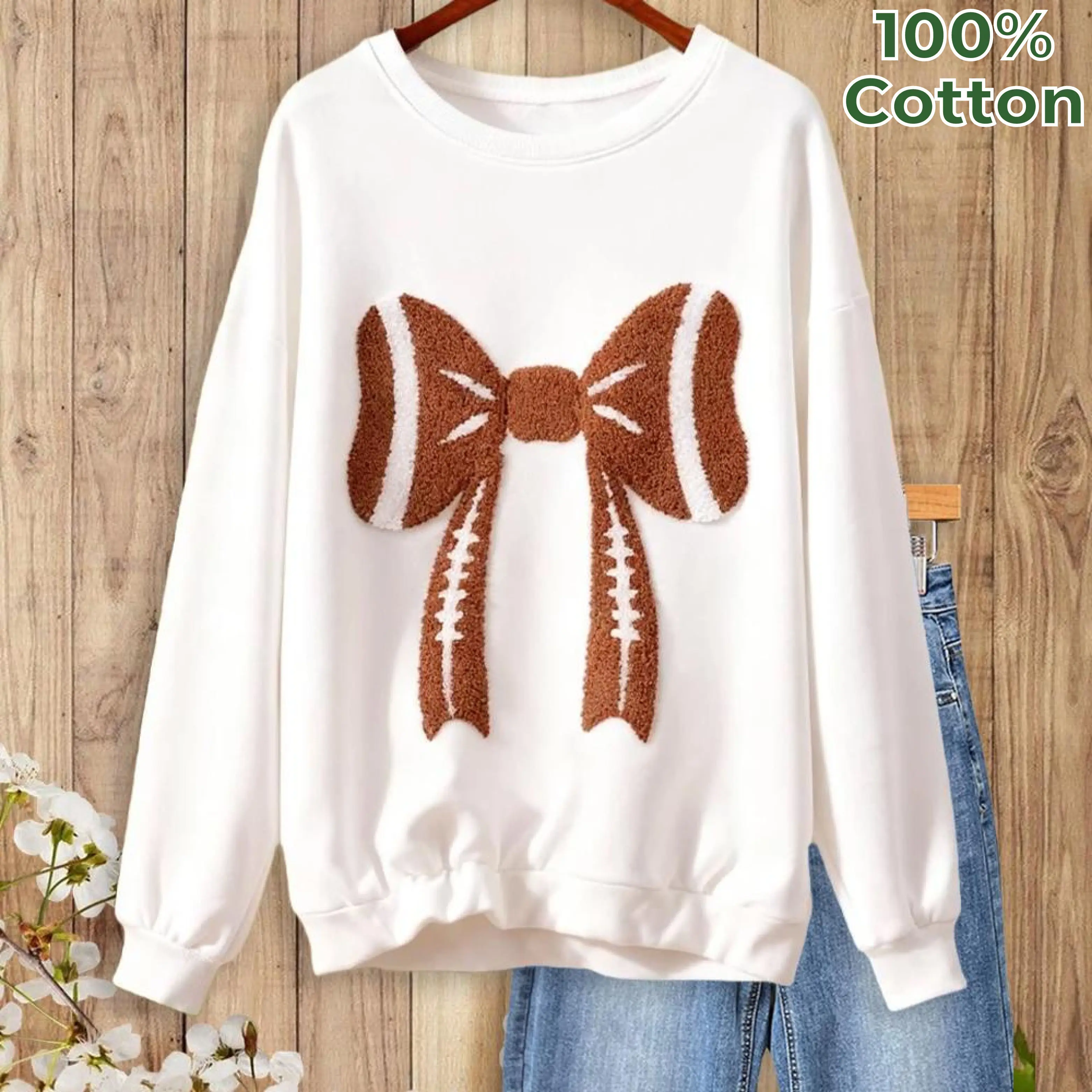 SageVell 100% Cotton Football Bow Embroidered Pullover Top Women's Casual Cozy Sweatshirt Long Sleeve Medium Fit Hoodie