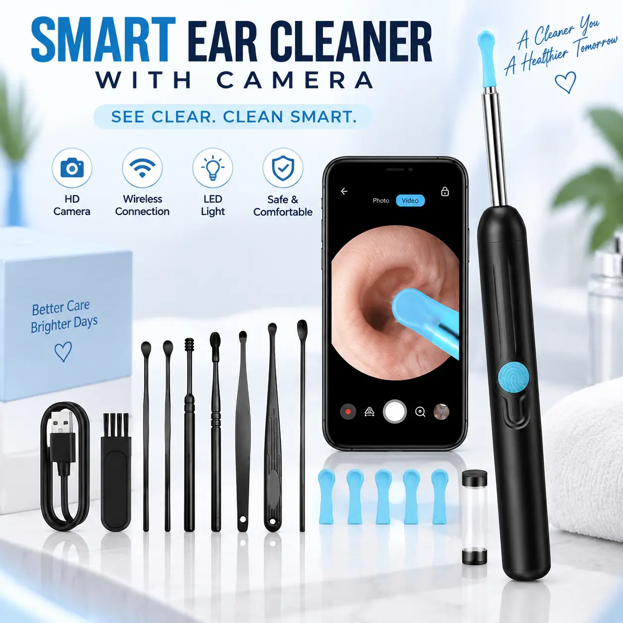 8PCS Ear Wax Removal Kit with Camera, HD Visual Ear Cleaner with LED Light, Wireless Otoscope Ear Cleaning Tool with Silicone Tips for Home Personal Care