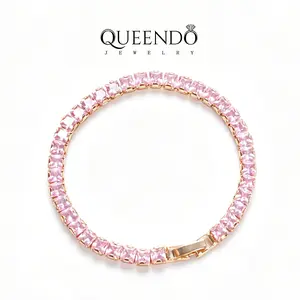 QUEENDO Women's Multicolor Square-Cut Tennis Bracelet - 14k Gold-Plated, 5A Zircon, Adjustable Statement Bracelet for Daily Wear, Dates