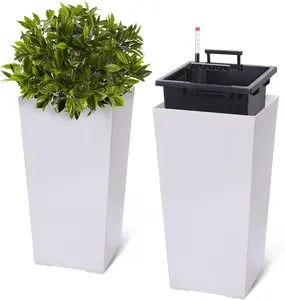 22.4 in Tall Planter Set of 2 Indoor and Outdoor Black Taper Planters with Shelf Insert, Self-Absorbing Plastic Flower Pots, Water Level Gauge and Monitoring, Automatic Watering System