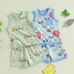 Kupretty Kids Toddler Baby Boy Summer Outfits Set Farm Animal Tractor Sleeveless Tank Top Vest Shorts Set 2Pcs Country Farm Clothes Set