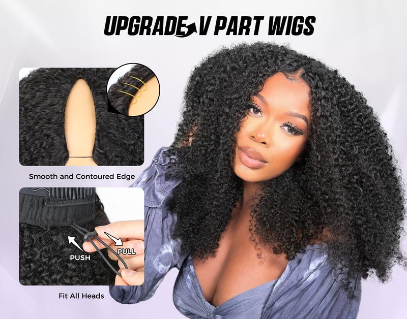 OQ HAIR Afro Curly Glueless V Part Wigs With Drawstring No Leave Out Thin Part Human Hair Wig Beginner Friendly Upgrade U part Wig Without Leave out