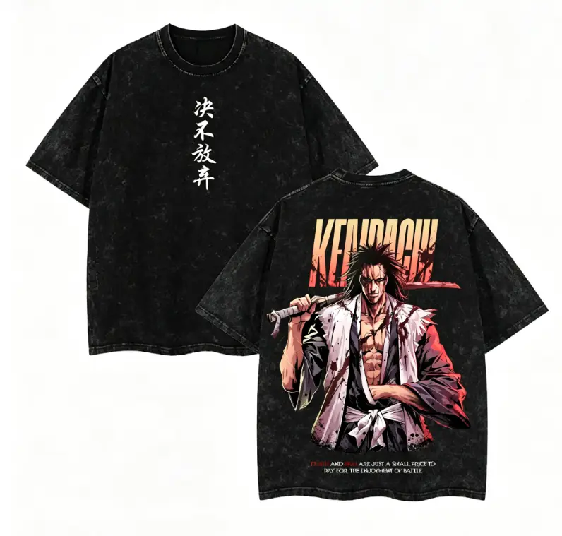 Zaraki Kenpachi Bleach 11th Division Retro Washed Lightweight Cotton T-Shirt. Double Printed High-Res Graphic Vintage Oversized Tee. Unisex Y2K Anime Streetwear. The Ultimate Father's Day Gift & Casual Top for Manga Fans