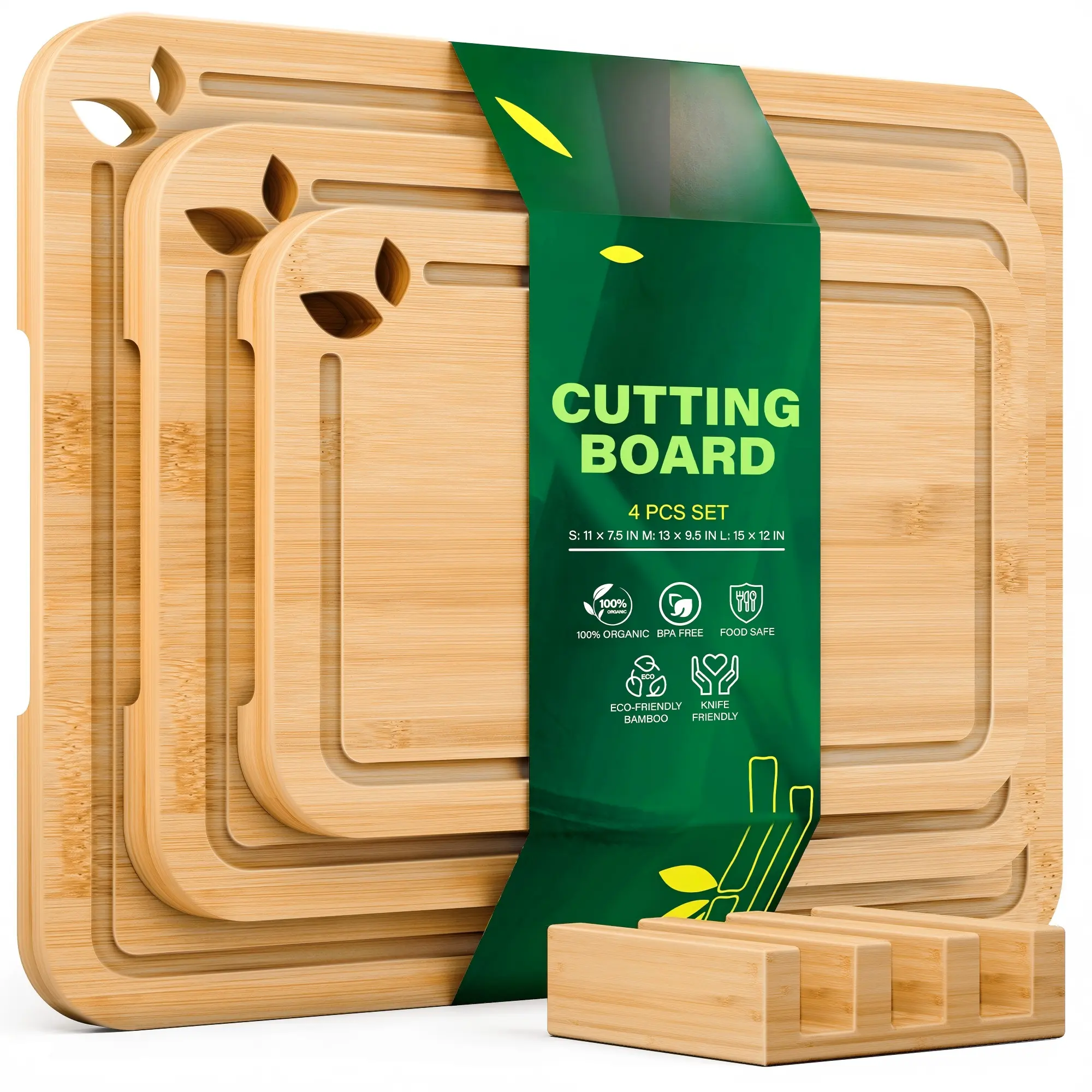 Natural Bamboo Wooden Cutting Chopping Boards Multi-Size Set with Holder, Silicone Mat, Side Handles, Juice Grooves, Lightweight & Knife-Friendly Double Sided Design for Kitchen, Rack, Leaf