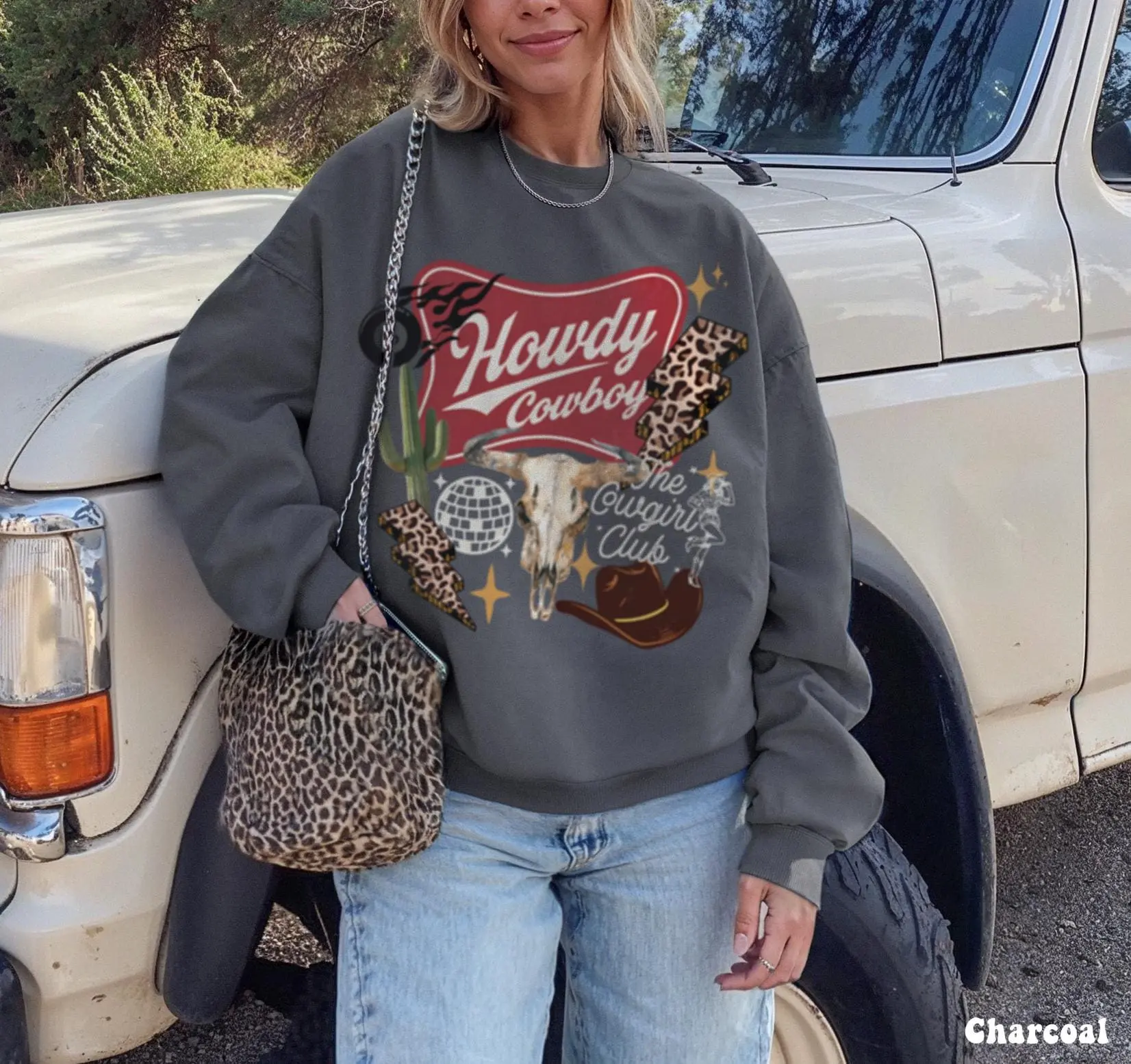 Howdy Cowboy Sweatshirt Western Collage Cowgirl Club Crewneck | Retro Rodeo Graphic | Country Music Outfit | Leopard Western Pullover