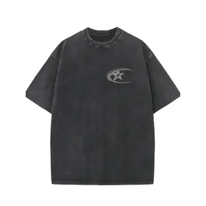 1pc Men's Vintage Washed Cotton T-Shirt- 230g Street Style Regular Fit Crew Neck Star Print Top, All-Season Casual Shirt, Machine Washable Holiday Gift, Soft Texture Short Sleeve