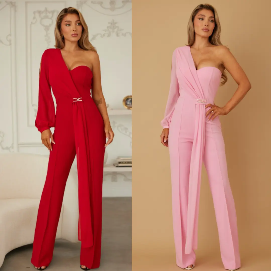 LONG HALF SHOULDER JUMPSUIT - SHEER LONG ROBE PIECE DETAIL - FLY AWAY MESH SLEEVE - SLIT - LONG MESH STRAPS THROUGH THE WAIST