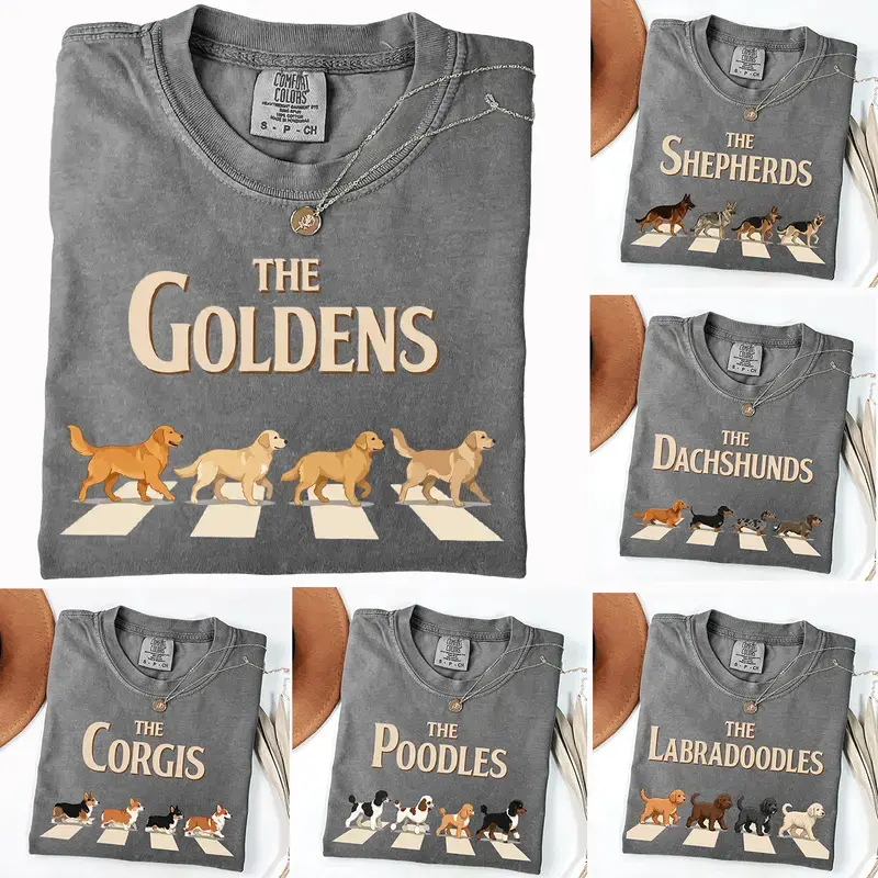 30+ Dog BreedsRetro Abbey Road Dog Walking Shirt | Vintage Pepper Grey Dog Breed Tee