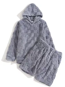 Men's Autumn Winter 2-Piece Plush Tracksuit - Checked Plaid Pattern Long Sleeve Hoodie & Drawstring Shorts Set, Warm Cozy Fleece Loungewear Outfit for Casual Home Wear & Outdoor Relaxation,Couple style set