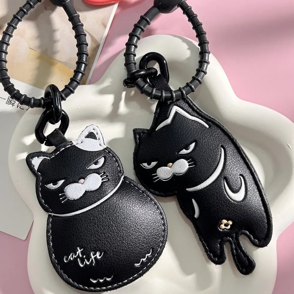 Cool Black Slacker Cat Leather Keychain - Edgy Minimalist Couple