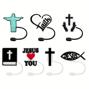 Silicone Cross & Fish & Heart Design Straw Cap, 7 Counts/set Creative Shape Dust Proof Straw Cover, Decorative Accessories for Home Office Drinkware Lid, Tumbler Straw Lid