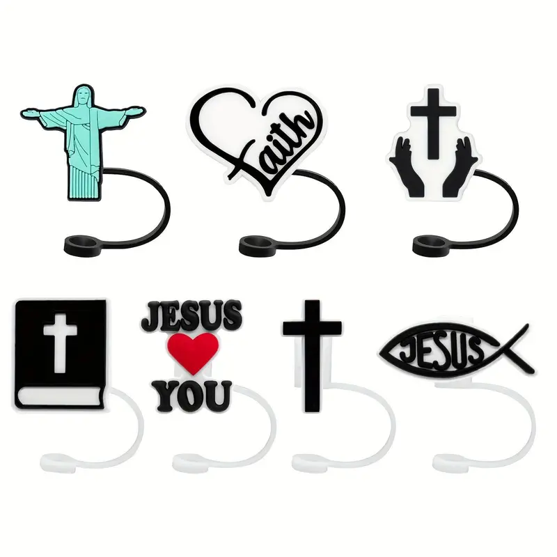 Silicone Cross & Fish & Heart Design Straw Cap, 7 Counts/set Creative Shape Dust Proof Straw Cover, Straw Toppers For Tumblers, Decorative Accessories for Home Office Drinkware Lid, Tumbler Straw Lid