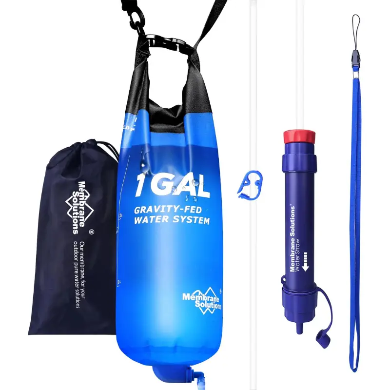 Portable 1 Gallon Gravity Water Filter System, 0.1 Micron Water Purification Kit with Adjustable Tree Strap & Storage Bag, Emergency Survival Supply, Camping Gear, Hiking Essential for Outdoor Water Storage & Backcountry Camping