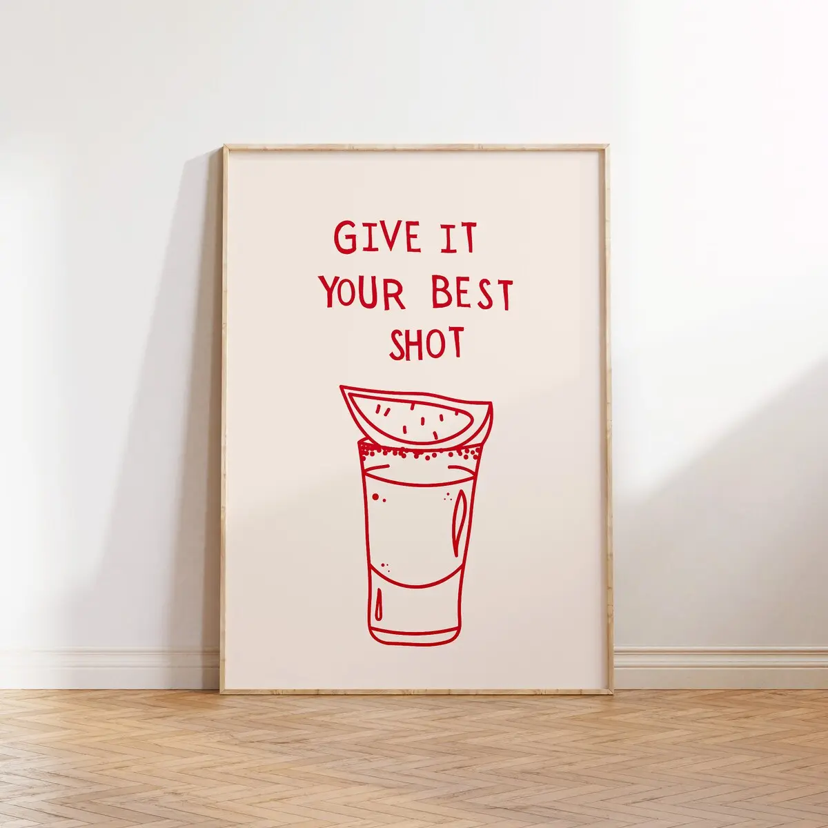 Retro Bar Art Print Liquor Poster, Give It Your Best Shot Print Modern Bar Cart Wall Art Poster ,Red Tequila Print