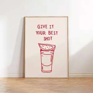Retro Bar Art Print Liquor Poster, Give It Your Best Shot Print Modern Bar Cart Wall Art Poster ,Red Tequila Print