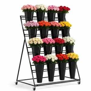 16 Bucket Flower Display Stand with Wheels, 4-Tier Metal Flower Rack with Removable Buckets, Rolling Wrought Iron Plant Display Shelf for Flower Shop, Wedding, Garden, Patio, Indoor Outdoor Floral Organizer, Black
