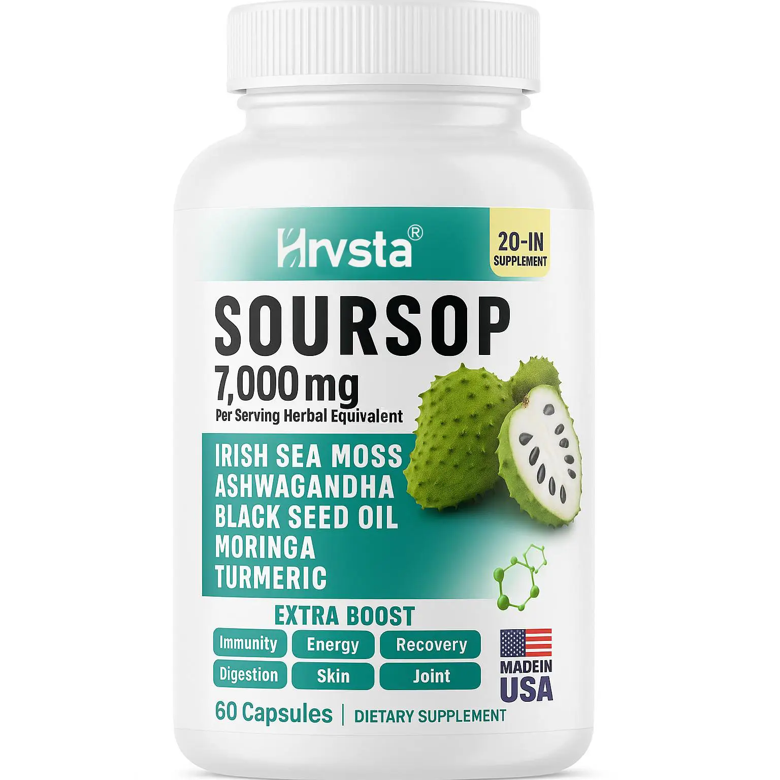 Soursop Graviola Supplement with Sea Moss, Moringa, Turmeric, Black Seed Oil, Oregano, Ashwagandha | 20-in-One Herbal extracts for Overall Health-Enha