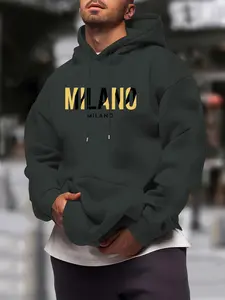 Men's Loose-Fit Hoodie Milan Letter Pattern, Casual Streetwear Sweatshirt for Fall & Winter, Fitted H-Type Design
