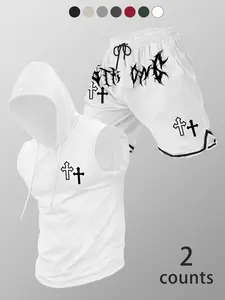 Trendy Religious Streetwear Set, Metal Font Cross Print, Unique Attitude, Perfect for Religious Events & Daily Wear