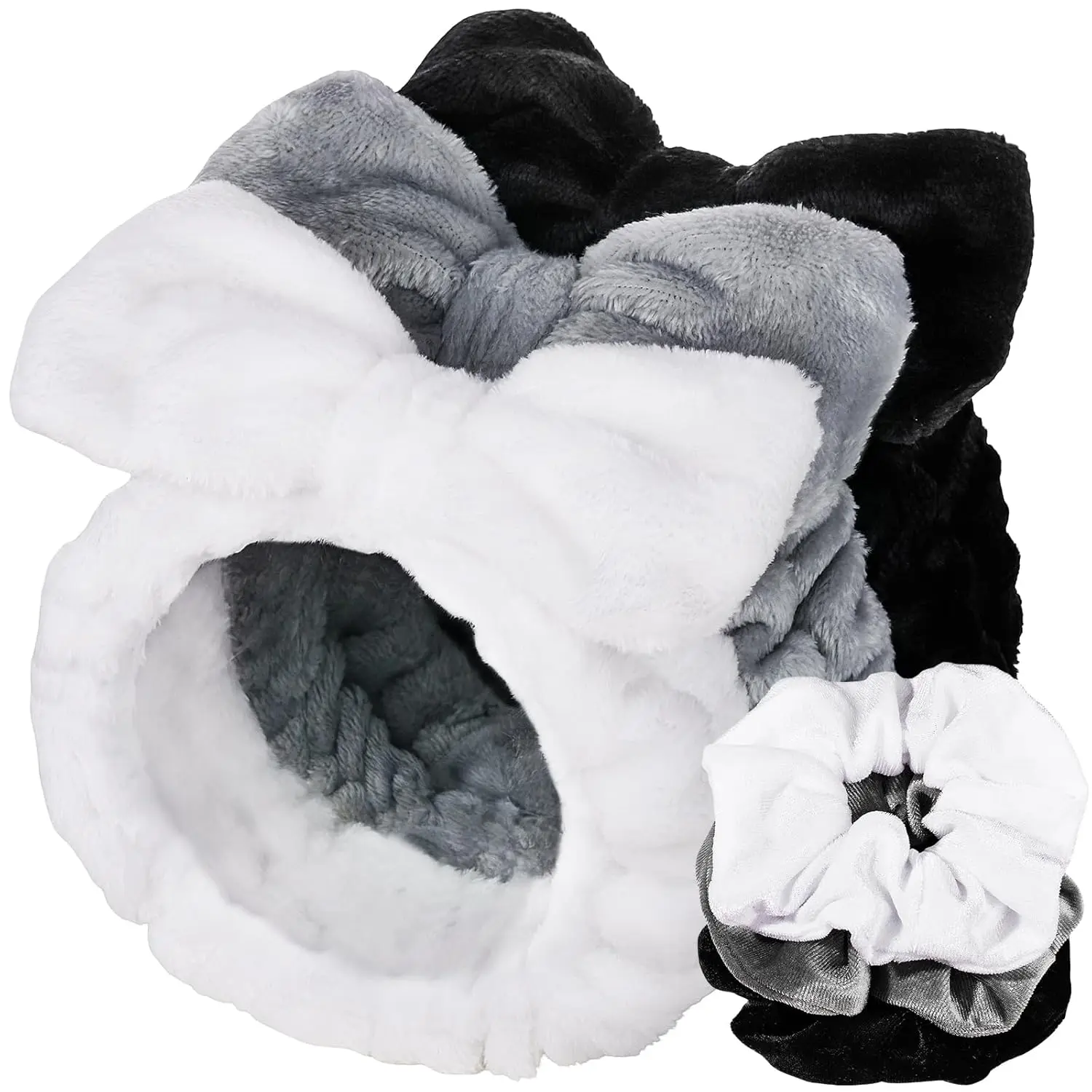 Spa Headband, 6pcs Makeup Headbands and Hair Scrunchies, Bow Skin Care Headband for Washing Face for Teen Girls Women, Easter Basket Valentines Gifts for Girls, Black & White & Gray