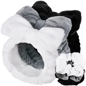 Spa Headband, 6pcs Makeup Headbands and Hair Scrunchies, Bow Skin Care Headband for Washing Face for Teen Girls Women, Easter Basket Valentines Gifts for Girls, Black & White & Gray
