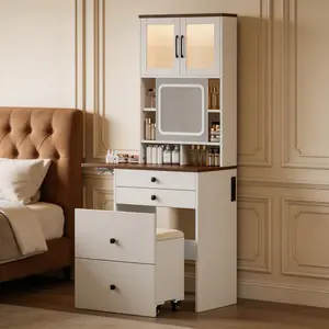 3 in 1 Small Vanity Desk with Mirror and Light, Makeup Vanity Table with Drawers for Small Space, Compact Mini Corner Vanity Set Dressing Table Farmhouse style