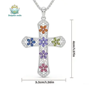 925 Silver flower cross necklace Four-leaf clover cross necklace Colored diamond cross necklace