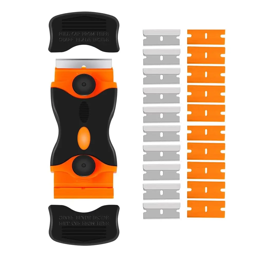 2-in-1 Glass Cooktop & Surface Scraper Tool Kit - 10 Plastic & 10 Metal Blades - Non-Scratch Sticker, Paint, Caulk Remover for Stovetops, Windows, Ceramic Tiles & Auto Detailing(Orange)