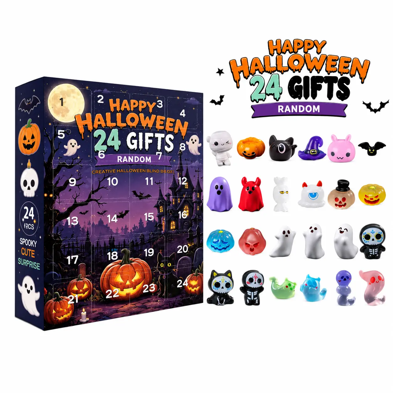 Halloween Adventure Countdown Box, 24-Piece Surprise Set, Spooky Castle Artwork Halloween Calendar Gift Box
