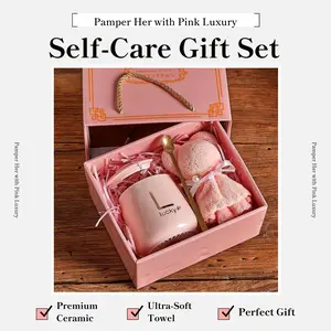 Cute Pink Lucky Mug Gift Box, Luxury Coffee Mug Set with Bear Towel, Perfect Gift for Mom, Sister, Friend, Teacher Appreciation, Wedding Favor, Christmas Gift for Her