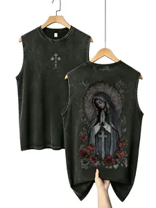 Men's Cotton Sleeveless Vintage Oversized Black Acid Wash Tank Top Clothes - Distressed Gothic Christian Soft Breathable Backless Cross Top Vest, Direct-to-Garment Art Print Vest with Isaias 41:10, God Handshake Art, Silver Vibe for Everyday Streetwear, A