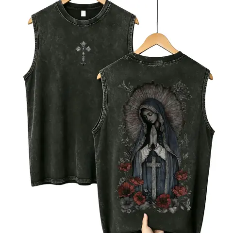 Men's Oversize Gothic Christian Washed Sleeveless Cotton Graphic Tank Top - Unisex, 90s Grunge, Casual Fit, Foldable, Backless, Retro Virgin Mary Print, Vintage Acid Wash, Round Neck, Streetwear, Sohochic Vest, Alternative Grunge Men's Sleeveless T-Shirts