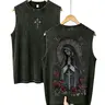 Men's Oversize Gothic Christian Washed Sleeveless Cotton Graphic Tank Top - Unisex, 90s Grunge, Casual Fit, Foldable, Backless, Retro Virgin Mary Print, Vintage Acid Wash, Round Neck, Streetwear, Sohochic Vest, Alternative Grunge Men's Sleeveless T-Shirts