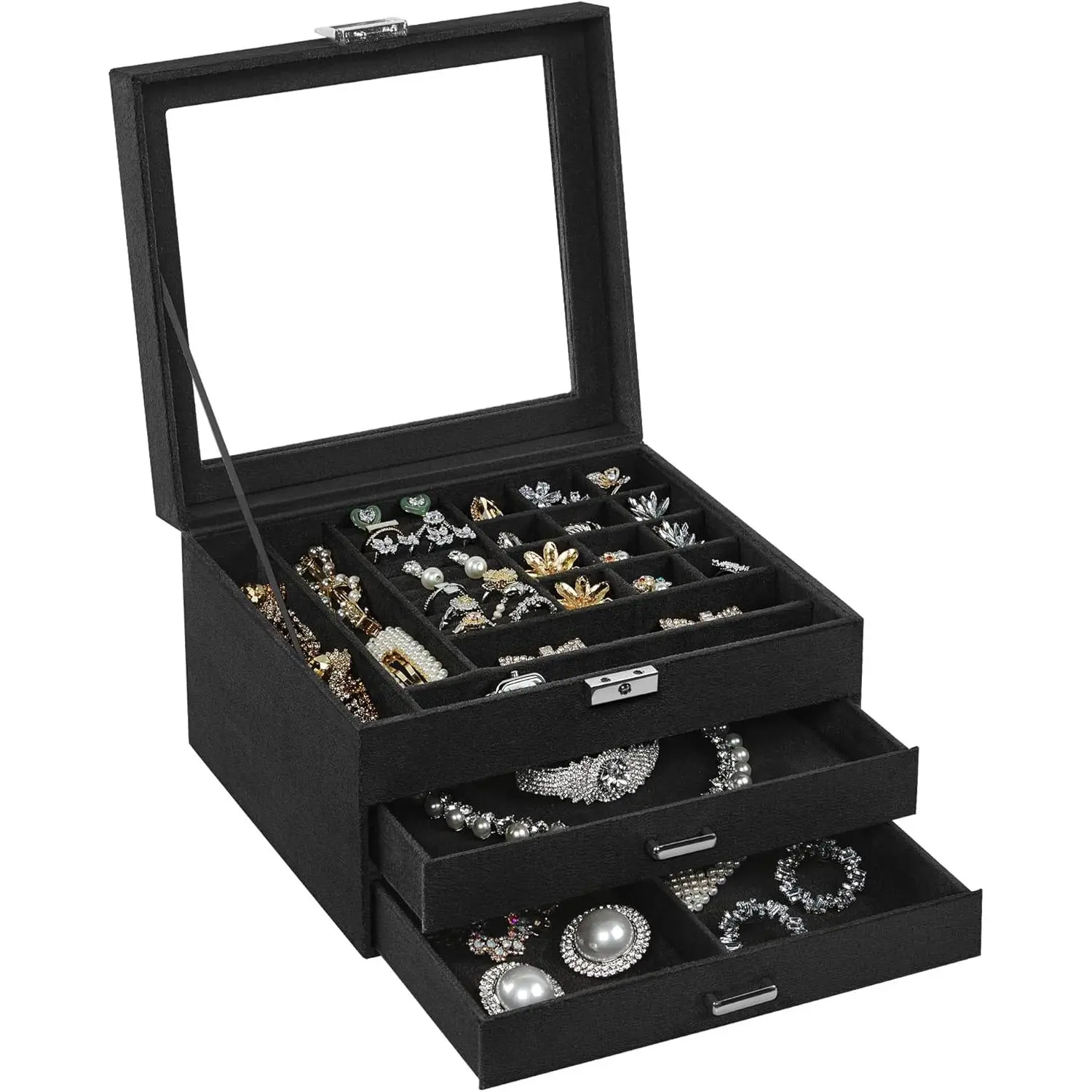 Jewelry Box Lockable Storage Organizer Case with Glass Window for Rings Earrings Studs Bracelets Necklaces Black UJBC158B01
