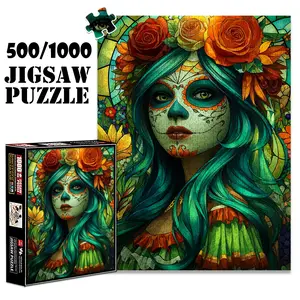 1pc 1000 piece adult puzzle 70x50cm Sugar - Skull Woman with Rose Crown and Floral Background 500 pieces of paper jigsaw puzzle, suitable for adults and families, large-scale DIY puzzle interactiv