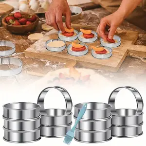 12pcs of 4-inch stainless steel baking rings, double-sided non stick, anti residue, round size, uniform, fast making, hamburger preforms, time-saving, high and low temperature resistant, suitable for ovens/pans/dishwashers,with Silicone Brush