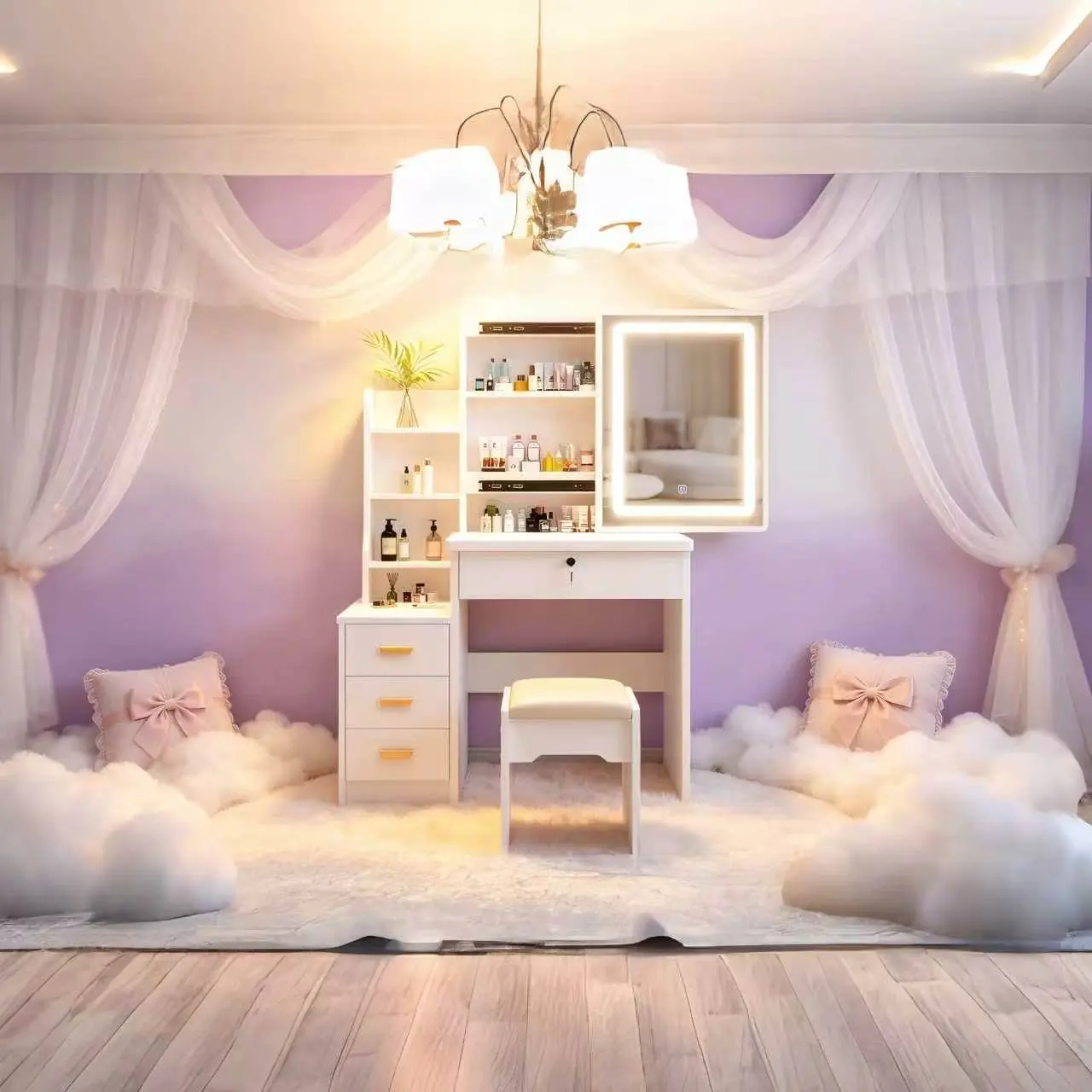 Minimalist Contemporary Vanity Table Set - Modern Makeup Table with LED Lights, Lighted Mirror, Storage Drawer, Shelves, Stool, Indoor Bedroom Furniture Station