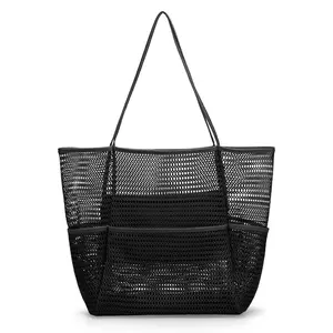 Mesh Beach Bag, Large Capacity Foldable Beach Tote Bag with Side Pockets & Inner Zipper Pocket, Storage Bag for Swimming, Fitness, Camping, Picnic, Home
